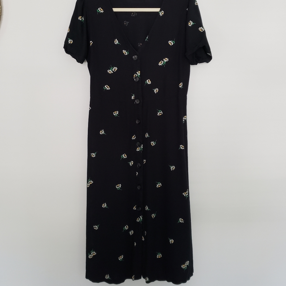 Long Button-up Dress, Black with Flowers